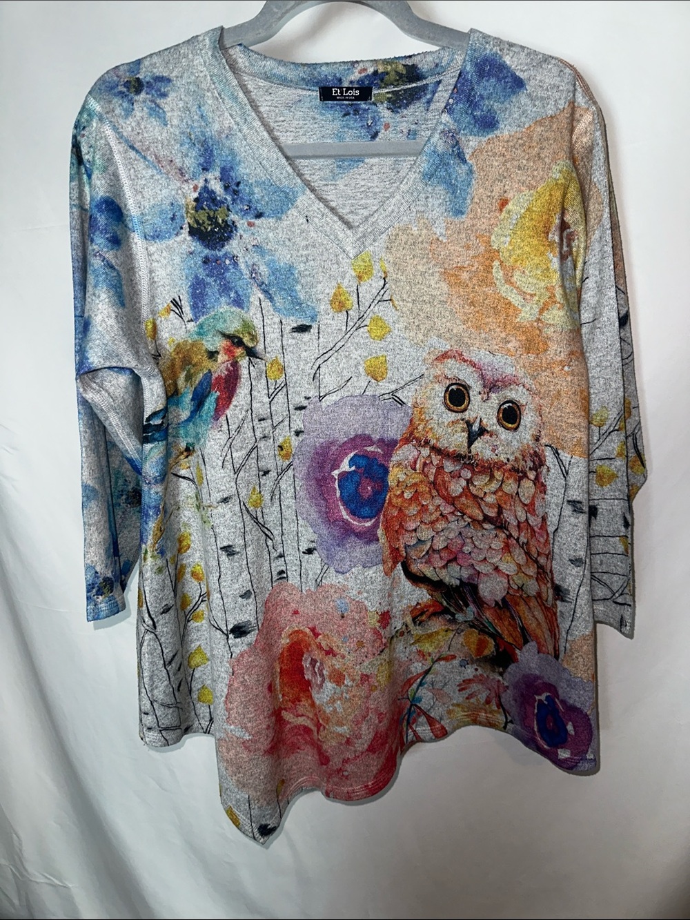Et Lois Grey V-Neck Tunic with Colorful Owl & Floral Print